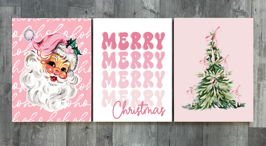 Trendy Pink Christmas Wood Prints (Set of 3)