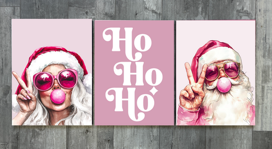 Trendy Pink Mr. & Mrs. Claus Wood Prints (Set of 3)